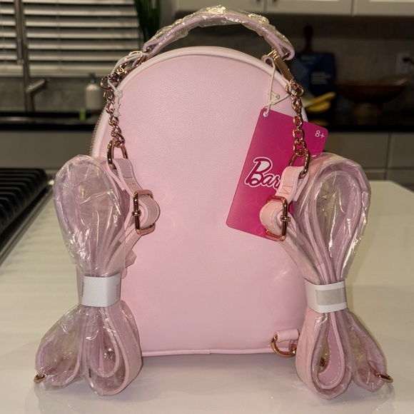 LOUNGEFLY Barbie Rose Gold Logo Chain Strap Convertible Mini Backpack, NWT. - Picture 2 of 5
